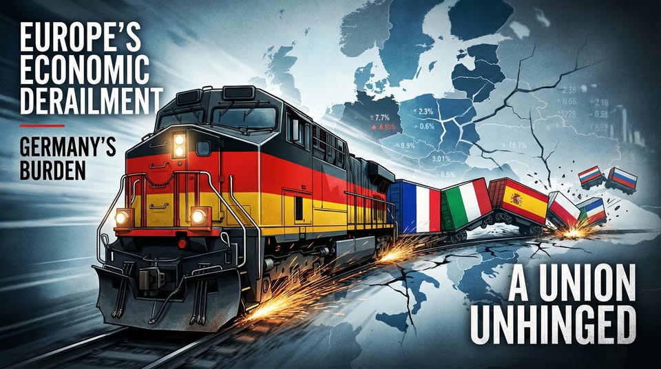 locomotive allemande tirant des wagons aux noms de pays européens qui déraillent