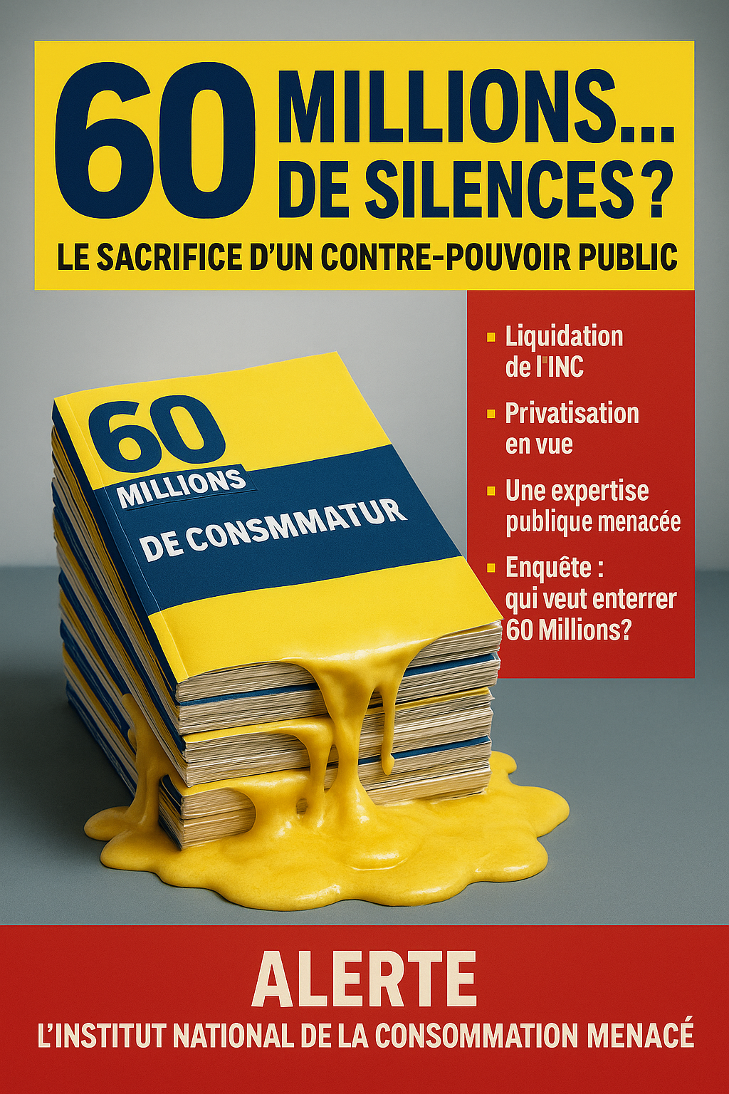 Au centre : une pile de magazines ressemblant clairement à 60 Millions de consommateurs, même codes couleurs (bleu + jaune), mais sans violer le copyright exact.  La pile fond, comme de la cire ou de la glace, symbolisant :  l’effacement d’un contre-pouvoir,  la disparition d’un service public,  la dilution de l’expertise des consommateurs.  En arrière-plan : une lumière froide, type bureau administratif, ambiance « liquidation ».