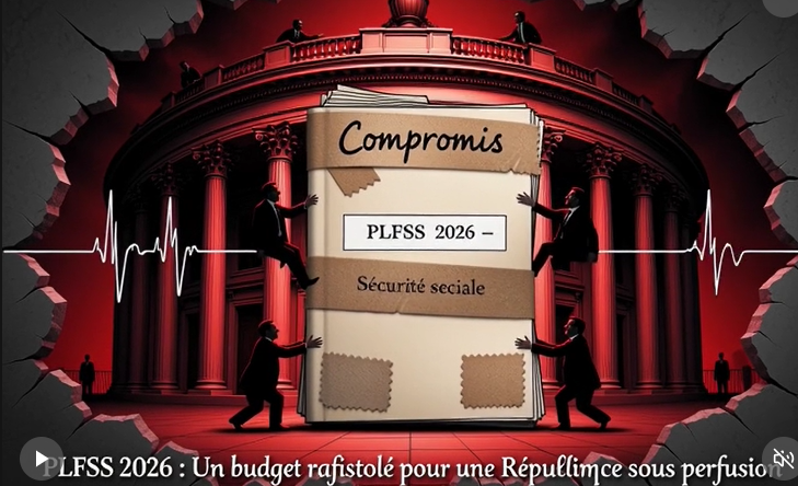 Affiche politique percutante, style illustration de presse engagée. Composition dramatique : un hémicycle de l’Assemblée nationale sombre, envahi par des ombres représentant l’austérité, la dette et les coupes sociales. Au centre, une balance déséquilibrée : d’un côté les « textes budgétaires », de l’autre des citoyens précaires (familles, soignants, retraités). Couleurs fortes, rouges et ocres, ambiance tendue. En arrière-plan, silhouettes de ministres en pleine négociation opaque. Graphisme façon « Le Mon