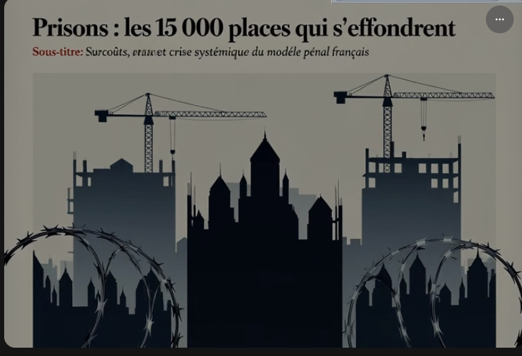 couverture de magazine sérieuse et minimaliste dans le style de The Economist ou Foreign Affairs.  Illustration éditoriale sur la crise carcérale française : imagerie symbolique des prisons surpeuplées,  des barbelés, des grues de chantier, des bâtiments inachevés et des dépassements budgétaires.  Couleurs sourdes (bleus foncés, gris, tons désaturés), mise en page épurée, typographie raffinée.    Ajoutez un texte français de haute qualité intégré à l'image :    Titre (grand, clair, typographie sérieuse) :  