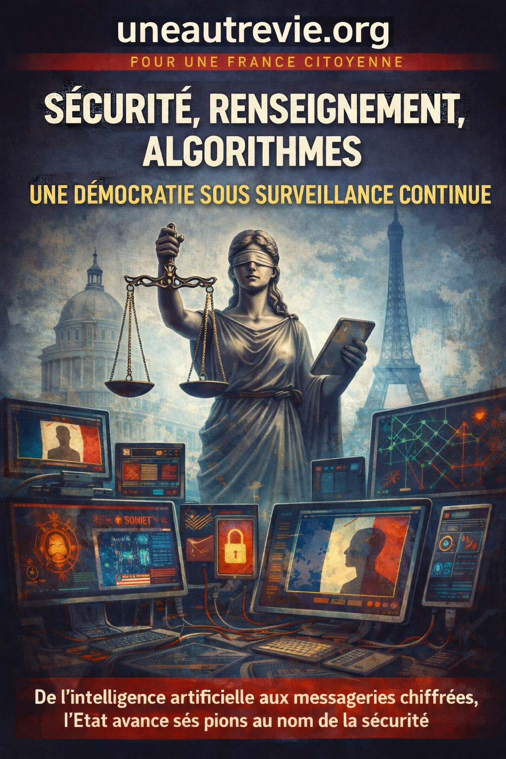 llustration de type magazine montrant la statue de la Justice, les yeux bandés, tenant une balance et une tablette numérique, entourée d’écrans affichant des données, des graphiques et des symboles de surveillance. En arrière-plan apparaissent des monuments parisiens. L’image évoque une démocratie française placée sous surveillance technologique continue.