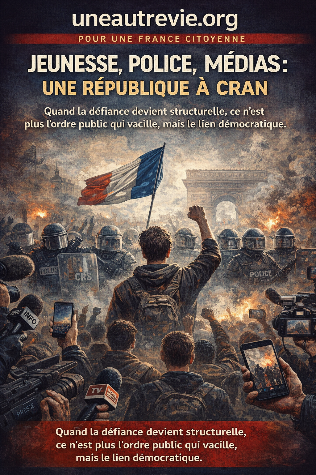 Illustration de style magazine montrant un bâtiment institutionnel français, avec une façade républicaine et des symboles administratifs. Au premier plan, des documents et graphiques évoquent des décisions politiques et économiques. L’ensemble suggère le fonctionnement de l’État et les tensions autour de l’action publique.