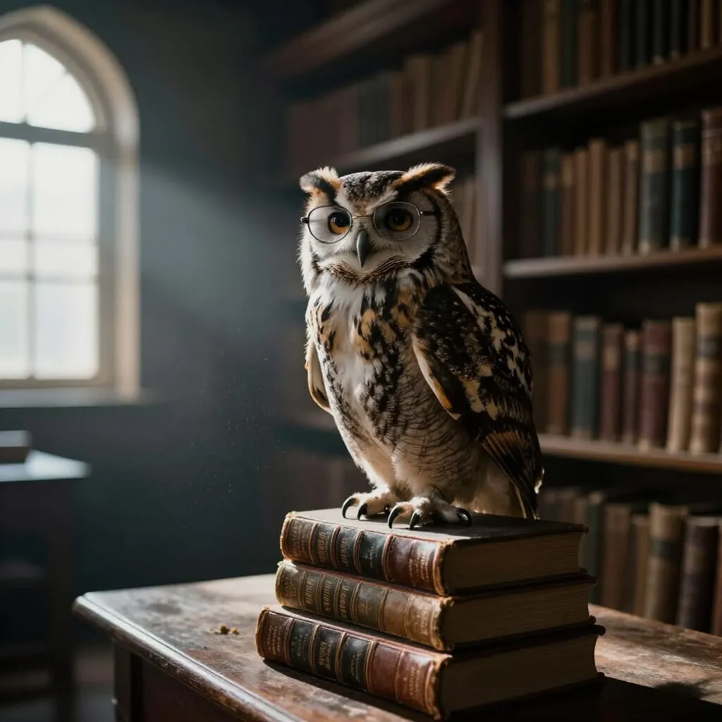 Illustration : Un hibou portant des lunettes est perché sur une pile de livres anciens dans une bibliothèque silencieuse. La lumière est douce et tamisée, suggérant un lieu de savoir et de réflexion. L’image évoque la sagesse, la distance critique et la transmission du savoir.