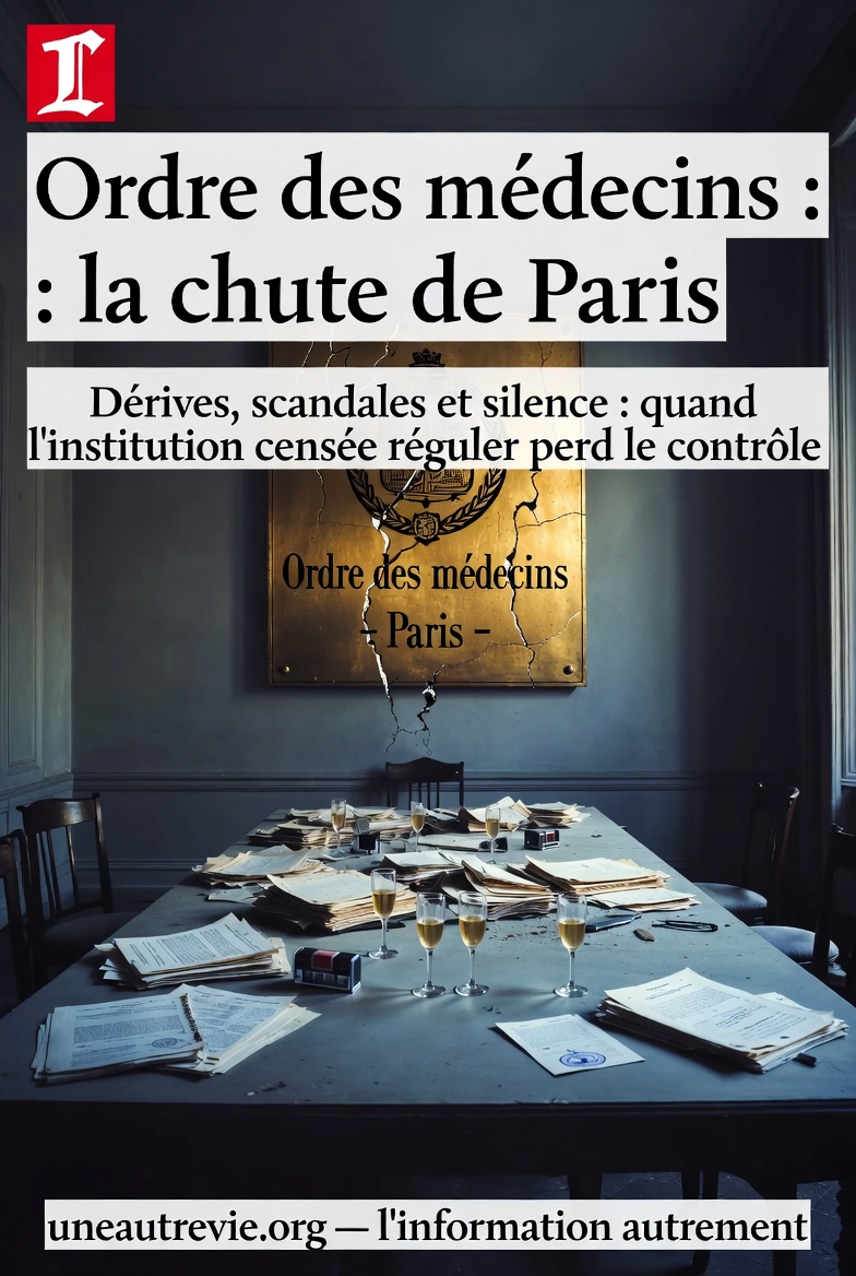 Une salle sombre évoquant une institution officielle abandonnée. Sur une table, des dossiers médicaux et des documents administratifs sont éparpillés. Des verres de champagne à moitié remplis suggèrent des abus. En arrière-plan, une plaque indiquant “Ordre des médecins – Paris” apparaît fissurée, symbolisant une institution en crise.