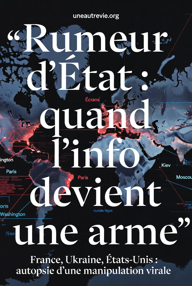 Illustration sombre de style magazine représentant une carte du monde avec des lignes lumineuses rouges et bleues reliant les États-Unis, la France, l’Ukraine et la Russie. Des éléments numériques évoquent des flux de données et des activités de renseignement. L’ensemble suggère une guerre de l’information et la propagation de fausses nouvelles dans un contexte géopolitique tendu.