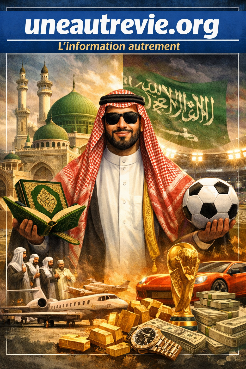Couverture de magazine « uneautrevie.org ». Un homme en tenue saoudienne tient un Coran et un ballon de football, entre une mosquée et un stade. Au premier plan, des symboles de richesse (or, argent, voiture, jet, trophée) illustrent le lien entre religion, pouvoir et influence internationale.
