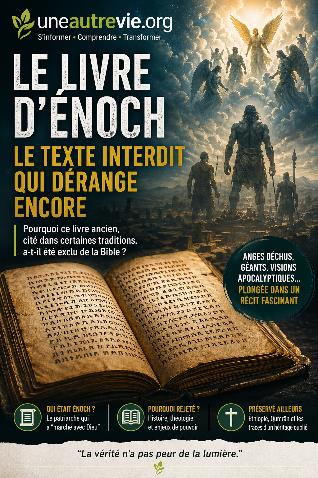 Couverture de magazine pour uneautrevie.org. Titre : “Le Livre d’Énoch – Le texte interdit qui dérange encore”.  Un ciel lumineux rempli d’anges domine la scène, tandis que des géants vus de dos surplombent une ville antique en ruines. Au premier plan, un livre ancien ouvert symbolise un texte sacré oublié.  Des encadrés évoquent les anges déchus, les visions apocalyptiques et les raisons de son exclusion de la Bible. Ambiance dramatique et mystérieuse.