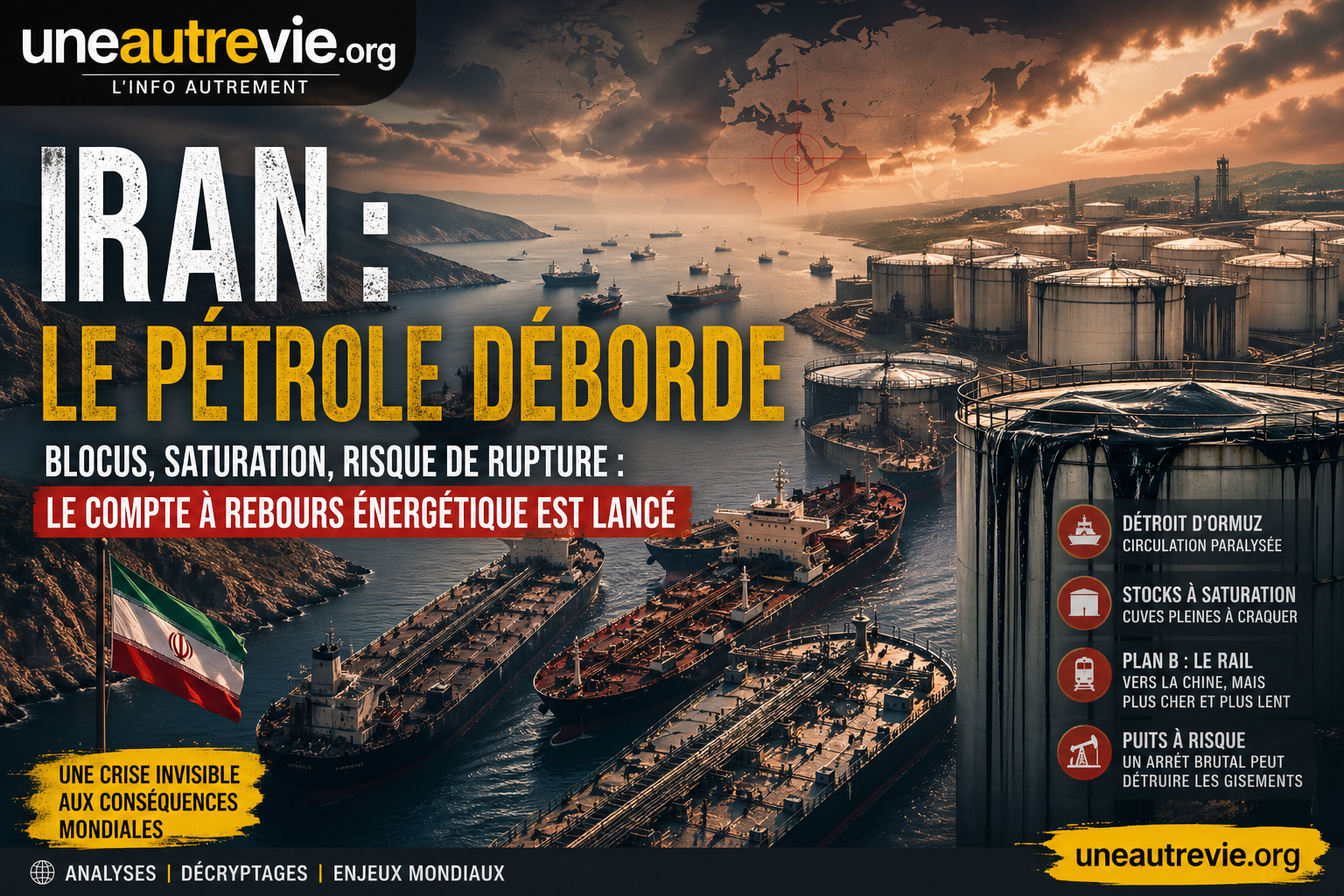 Une vue dramatique montre plusieurs superpétroliers immobilisés et entassés en mer près du détroit d’Ormuz, symbolisant l’engorgement du trafic pétrolier. En arrière-plan, des installations de stockage débordantes et des réservoirs industriels saturés illustrent la crise énergétique en Iran. L’ambiance est sombre, avec des teintes rouges et orangées évoquant l’urgence et la tension géopolitique.