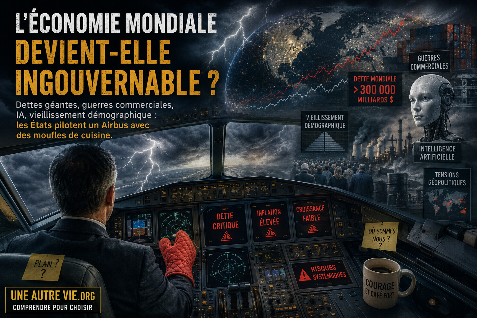 Illustration sombre et cinématographique montrant un pilote d’avion tentant de contrôler un cockpit en pleine tempête avec des moufles rouges. Autour de lui apparaissent des graphiques financiers, des écrans d’alerte, une carte du monde, des usines, un robot symbolisant l’intelligence artificielle et des mentions de dettes, inflation et guerres commerciales. L’image représente une économie mondiale plongée dans le chaos et devenue difficile à contrôler.