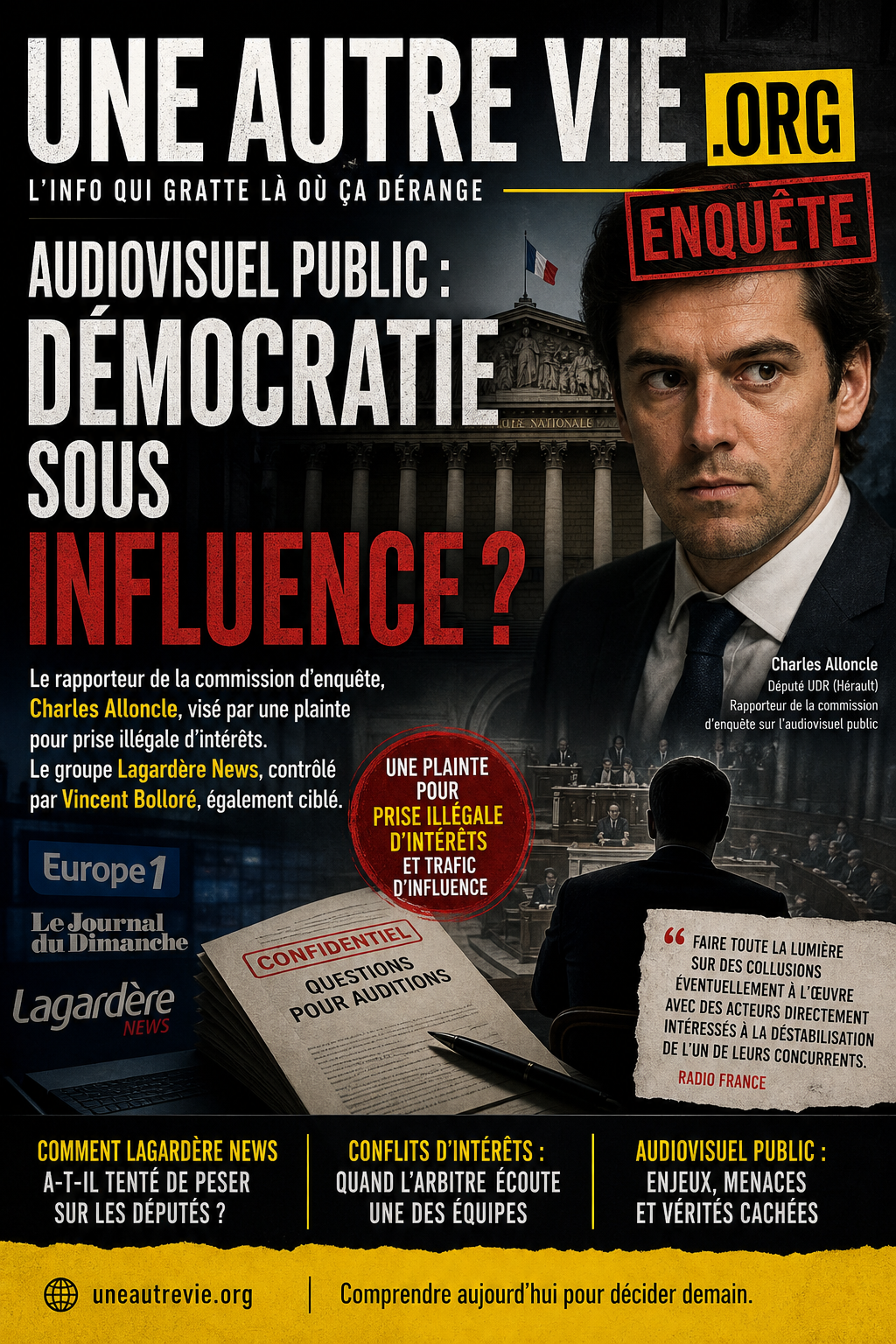 Une couverture sombre et dramatique montrant l’Assemblée nationale en arrière-plan, un homme politique au premier plan et des documents marqués “confidentiel”, illustrant une affaire de soupçons d’influence entre médias privés et commission parlementaire.