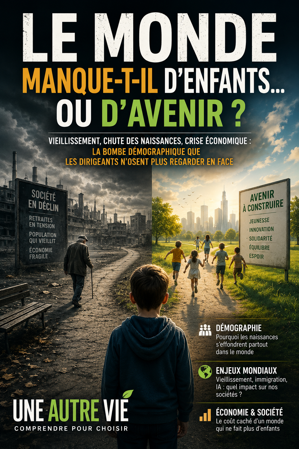 llustration divisée en deux mondes opposés : à gauche, une ville sombre et vieillissante symbolisant le déclin démographique ; à droite, un paysage lumineux où des enfants courent vers une ville moderne et verdoyante. Au centre, un enfant observe ces deux futurs possibles, représentant le choix entre déclin social et reconstruction de l’avenir.