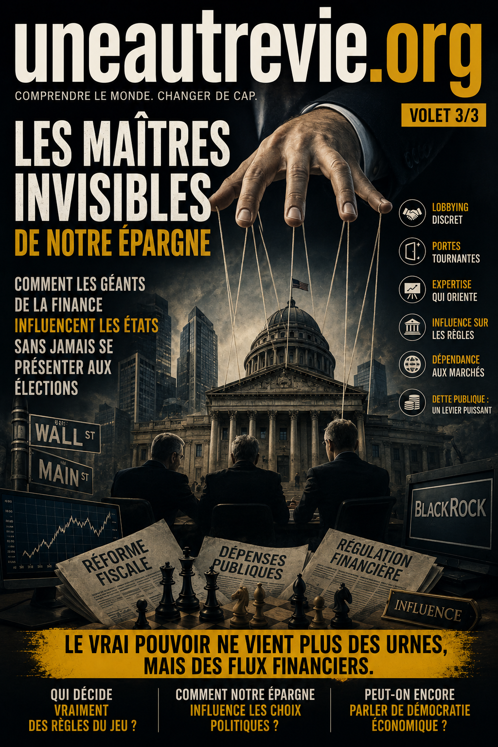 Illustration montrant une main géante manipulant comme des marionnettes un bâtiment gouvernemental et des responsables politiques. Autour apparaissent des symboles de la finance, de Wall Street et de BlackRock, illustrant l'influence des grands gestionnaires d'actifs sur les décisions publiques. Le titre indique : « Comment les géants de la finance influencent les États sans jamais se présenter aux élections ».