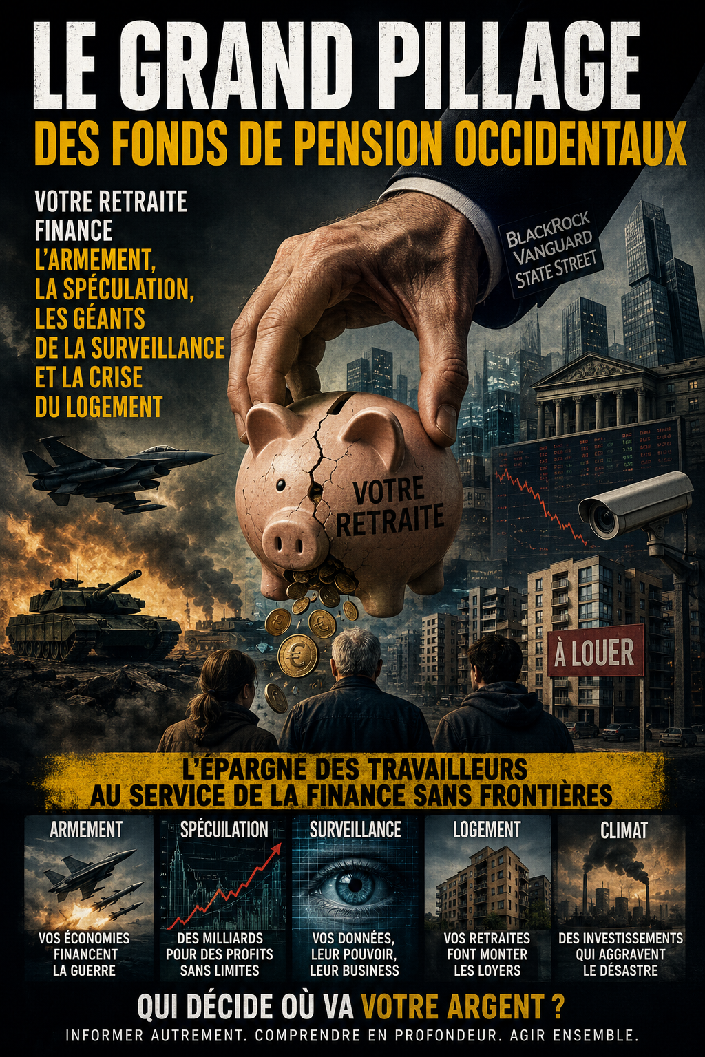 Illustration montrant une tirelire géante marquée « Votre retraite » vidée par une main symbolisant la finance mondiale. Autour apparaissent des immeubles, des écrans boursiers, des équipements militaires et des caméras de surveillance, illustrant l’idée que l’épargne des travailleurs finance la spéculation, l’armement et les grandes entreprises. Le titre indique : « Le grand pillage des fonds de pension occidentaux ».