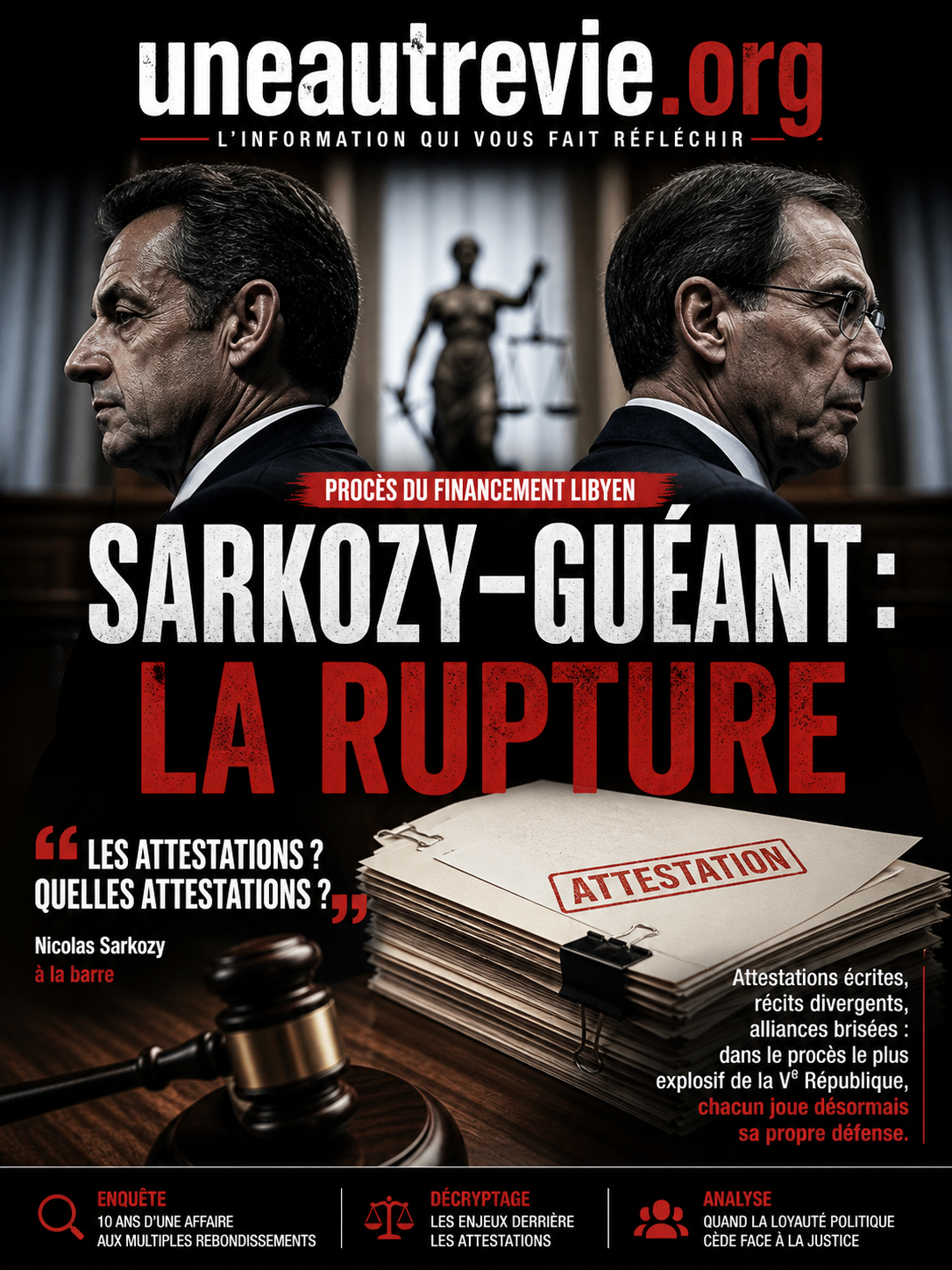 Deux silhouettes politiques représentant Sarkozy et Guéant dos à dos dans un tribunal sombre, avec des documents judiciaires au premier plan.