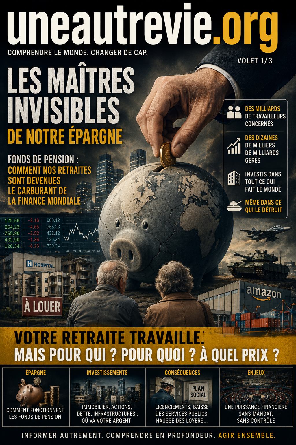 Illustration montrant une immense tirelire en forme de globe terrestre recevant une pièce, observée par un couple de retraités. Autour apparaissent des immeubles, des marchés financiers, des équipements militaires et des infrastructures, symbolisant la manière dont l'épargne retraite alimente l'économie mondiale. Le titre indique : « Les maîtres invisibles de notre épargne ».