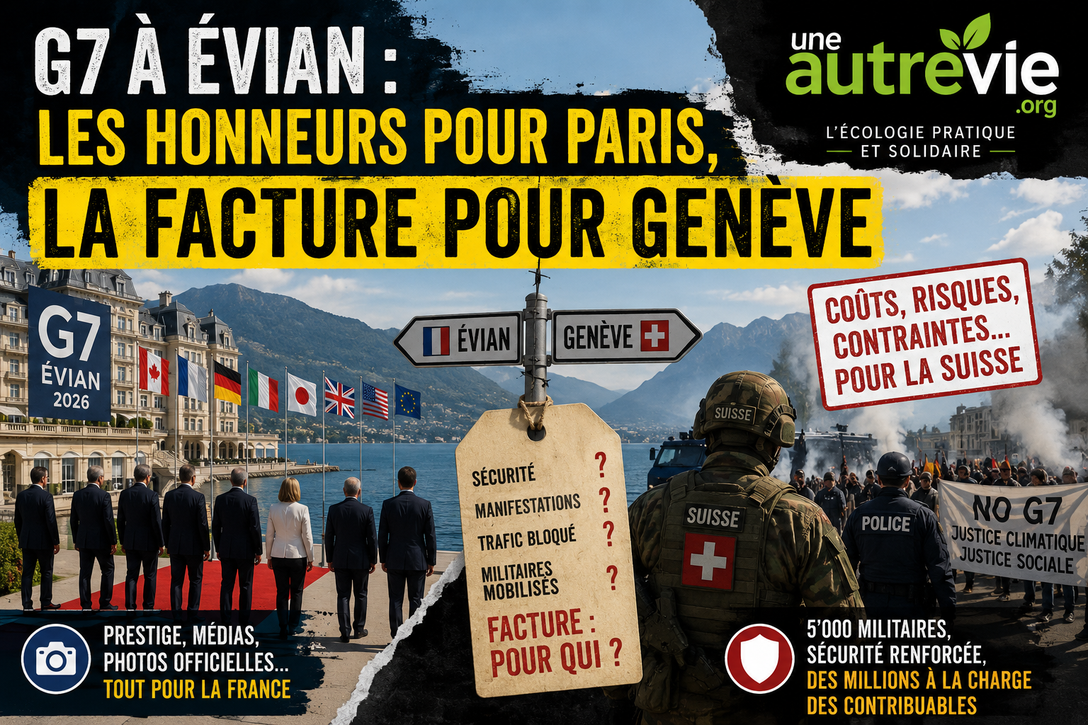 Montage illustrant le G7 d'Évian : des dirigeants internationaux sur la rive française du Léman, un panneau indiquant Évian et Genève, des forces de sécurité suisses face à des manifestants. Le visuel souligne l'idée que le prestige du sommet revient à la France tandis qu'une partie des coûts et contraintes sécuritaires est supportée par la Suisse.