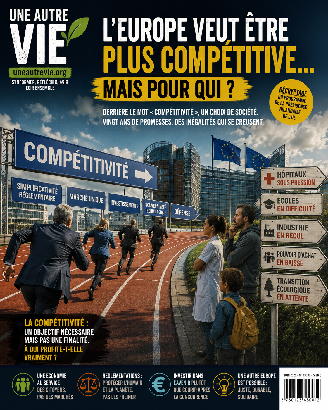 un visuel montrant Bruxelles transformée en piste de course : des dirigeants européens courent derrière des panneaux « Compétitivité », tandis que des citoyens, des hôpitaux, des écoles et des usines restent sur le bord de la route. Une métaphore visuelle assez parlante du débat.