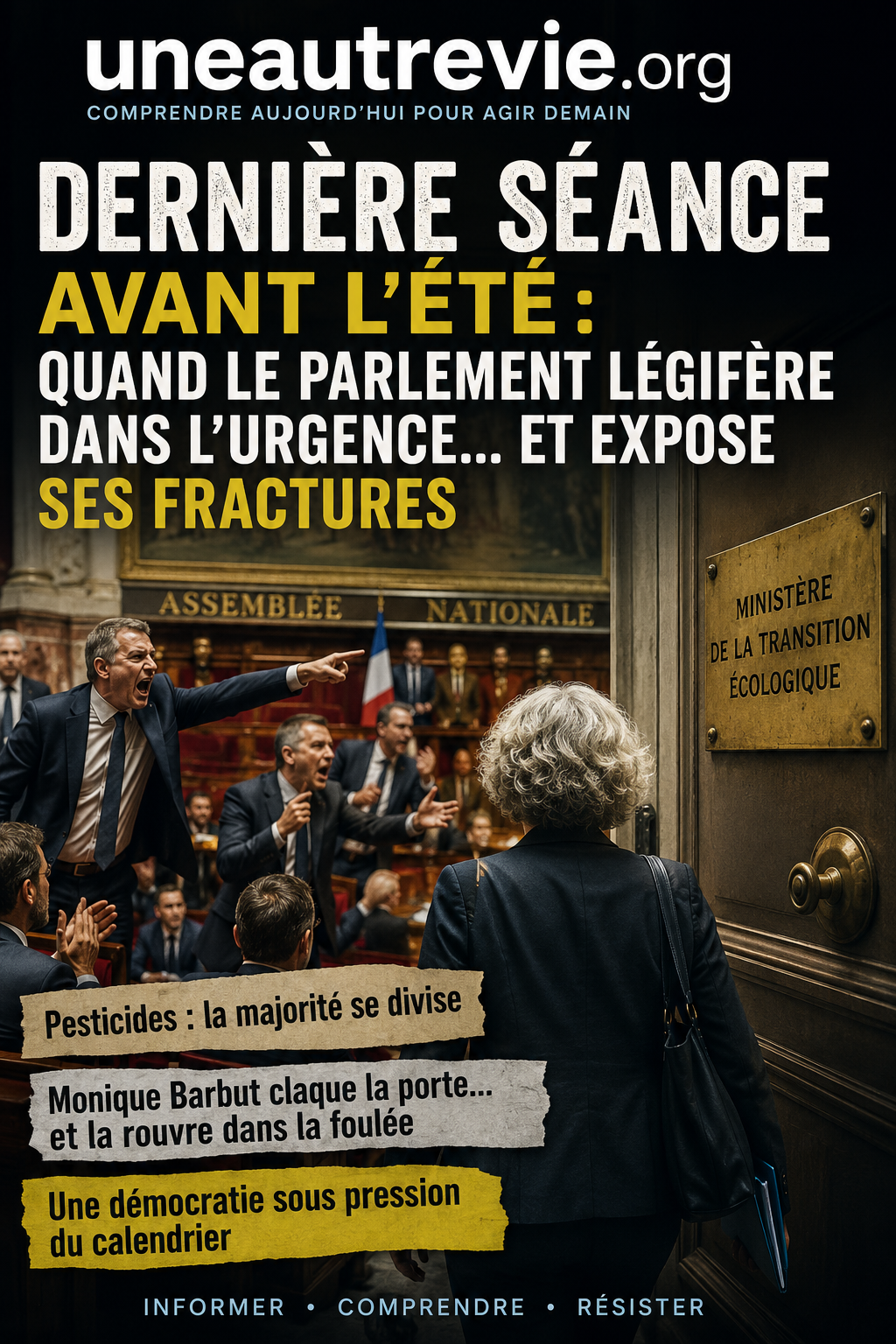 Couverture illustrant une Assemblée nationale en pleine tension politique, symbolisant les divisions de la majorité et les débats de fin de session parlementaire.