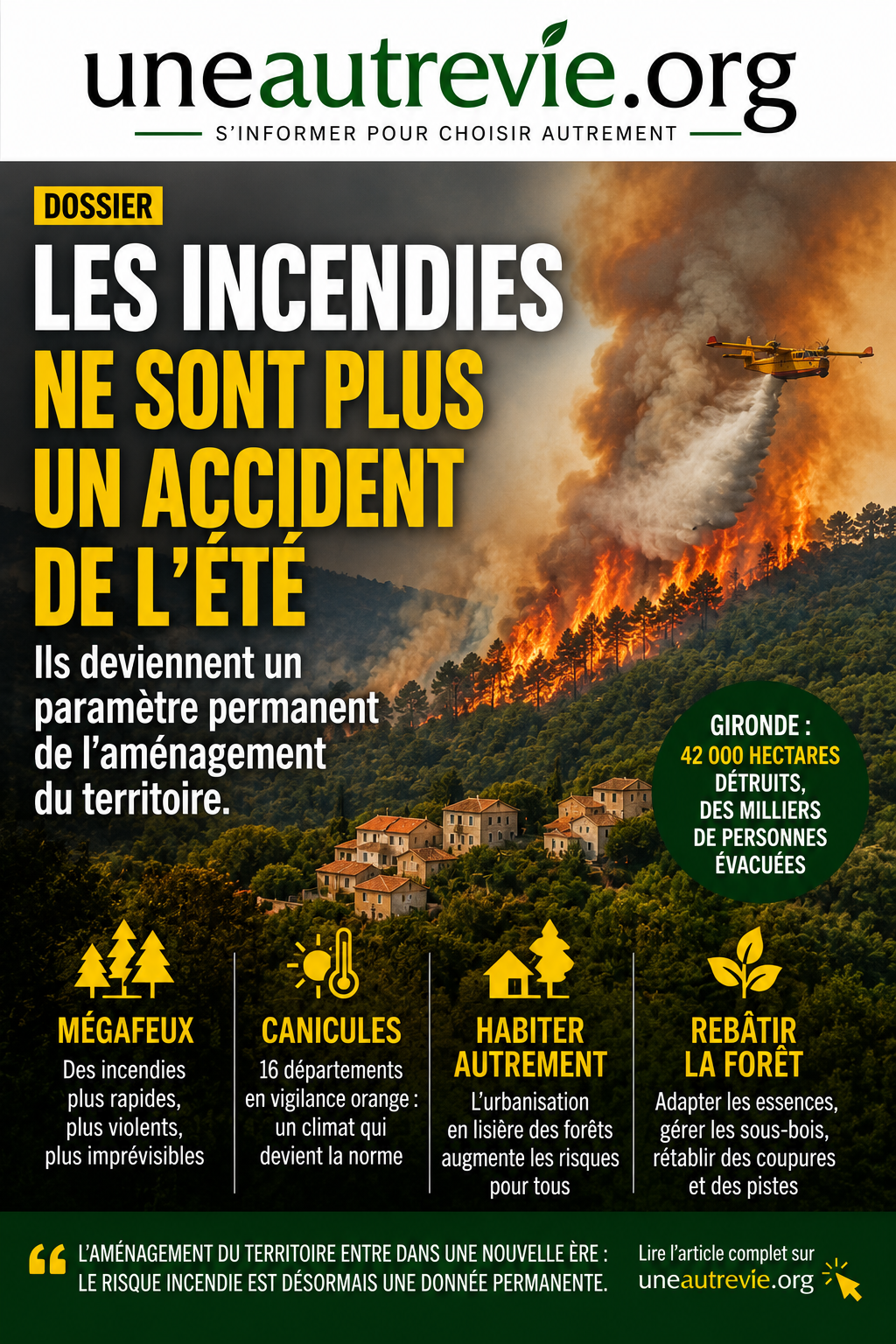 Une forêt en flammes menace un village tandis qu’un avion bombardier d’eau intervient. La couverture souligne que les incendies deviennent un risque permanent pour les territoires, les habitants et l’aménagement futur.