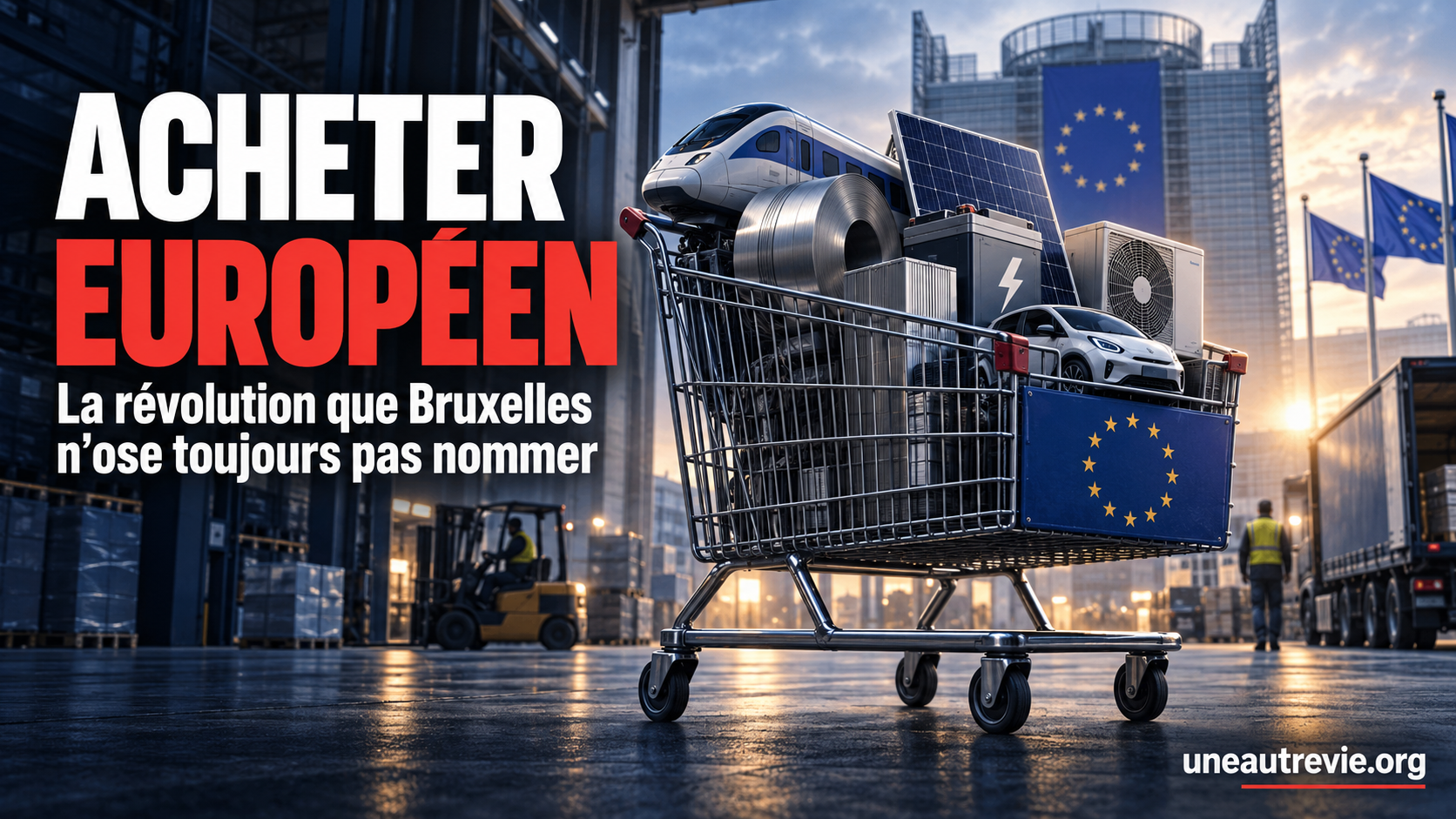 Un chariot rempli d’un train, d’un véhicule électrique, de panneaux solaires et d’équipements industriels européens, devant le siège de la Commission européenne.
