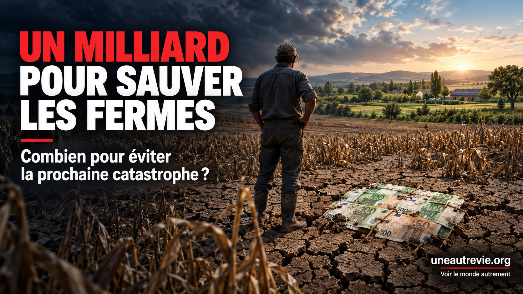 Un agriculteur observe un champ desséché, partiellement réparé par des billets, tandis qu’une campagne verdoyante apparaît à l’horizon.
