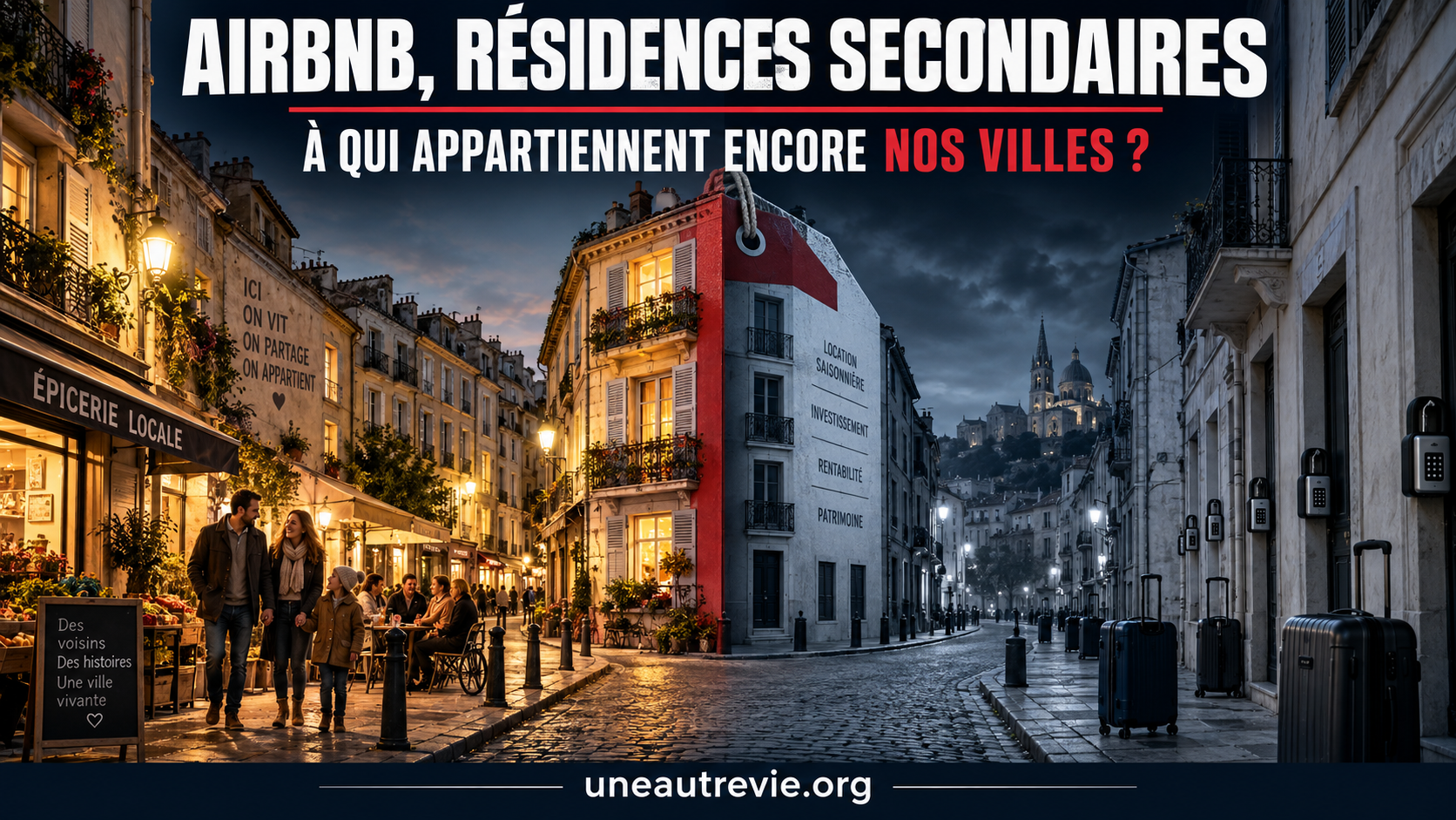 Couverture montrant une ville partagée entre un quartier vivant et chaleureux, à gauche, et des rues froides envahies de valises et de boîtes à clés, à droite. Au centre, un immeuble transformé en étiquette symbolise la marchandisation du logement.