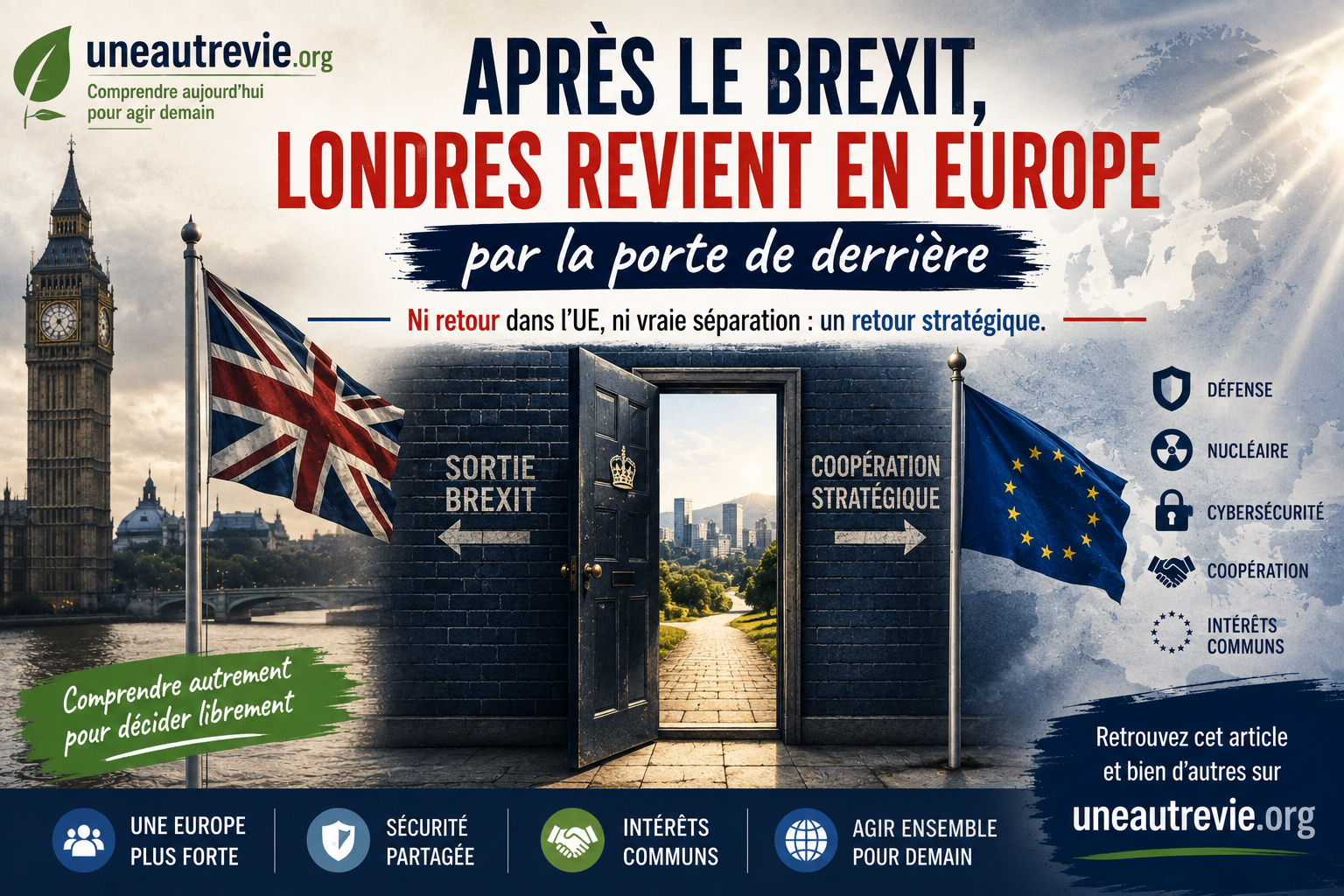 Illustration montrant le Royaume-Uni et l’Union européenne séparés par le Brexit mais à nouveau reliés par une porte ouverte, symbolisant leur rapprochement stratégique en matière de défense, de nucléaire et de cybersécurité.