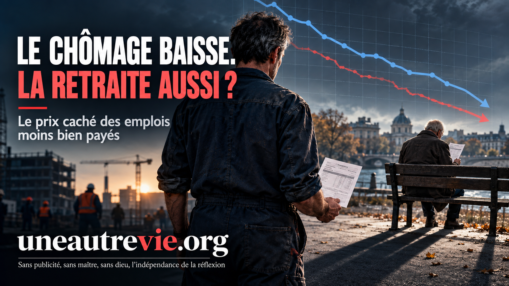 Un ouvrier, fiche de paie en main, regarde un retraité assis seul. Au-dessus d’eux, deux courbes descendent. Le titre demande : « Le chômage baisse. La retraite aussi ? » En bas figurent uneautrevie.org et son slogan.