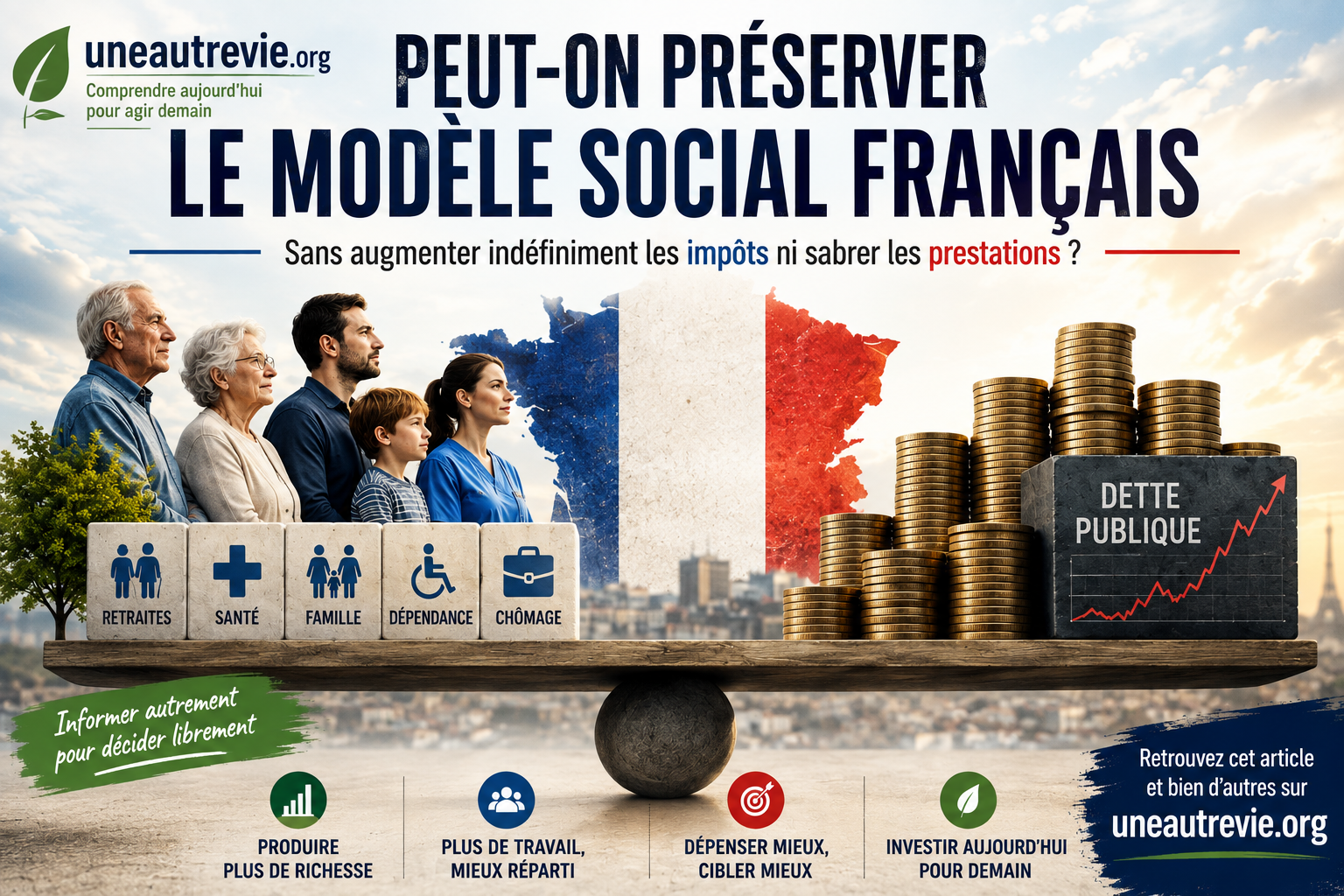 Illustration montrant le modèle social français en équilibre entre retraites, santé et solidarité d’un côté, dette publique et poids financier de l’autre, sur fond de carte de France.