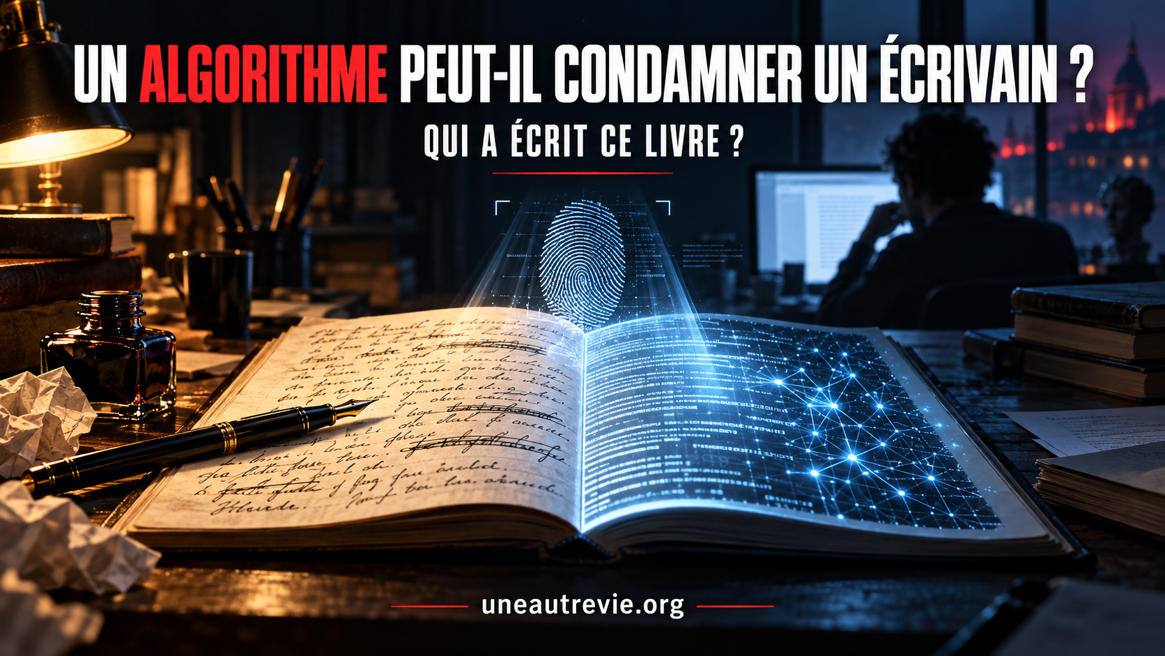 Couverture montrant un manuscrit partagé entre écriture à la plume et texte numérique, surmonté d’une empreinte analysée par un algorithme. En arrière-plan, un écrivain fait face à son écran.