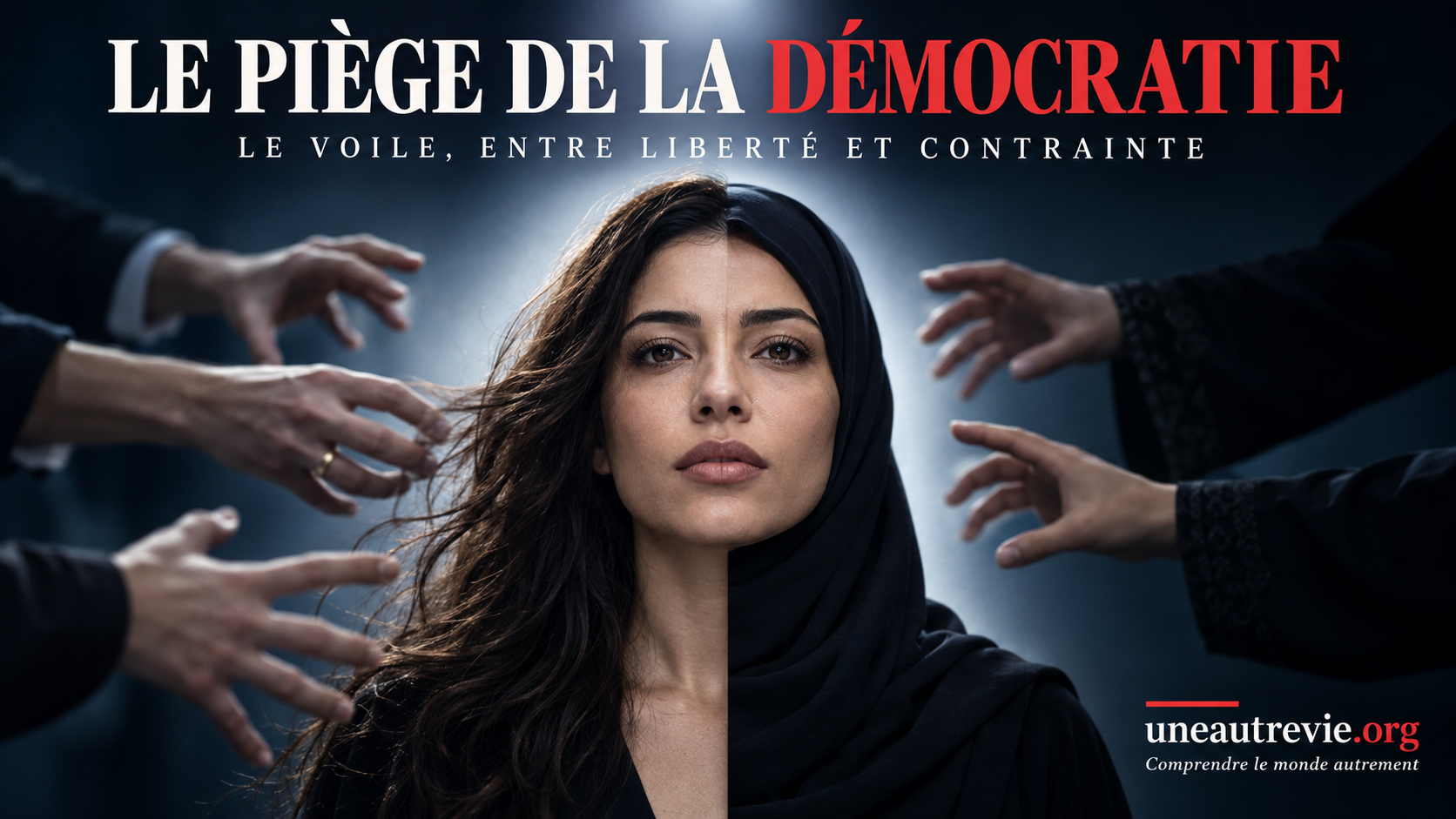Portrait d’une femme, moitié cheveux libres, moitié voilée, entourée de mains cherchant à lui imposer leur choix. Titre : « Le piège de la démocratie ». Uneautrevie.org.