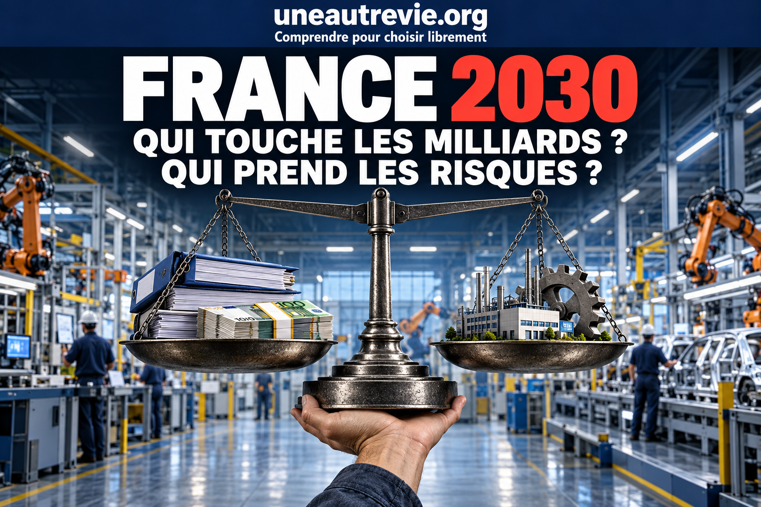 Dans une usine, une main soutient une balance opposant des billets et des dossiers à une maquette industrielle. Le titre demande : « France 2030 : qui touche les milliards, qui prend les risques ? » En haut figurent uneautrevie.org et « Comprendre pour choisir librement ».