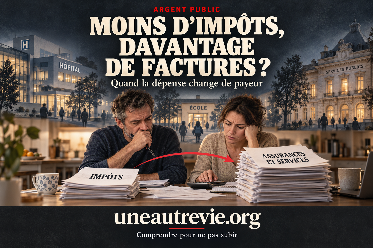 Illustration : un couple inquiet examine deux piles de factures, « Impôts » et « Assurances et services », devant un hôpital, une école et des bâtiments publics. Titre : « Moins d’impôts, davantage de factures ? » Signature : uneautrevie.org.